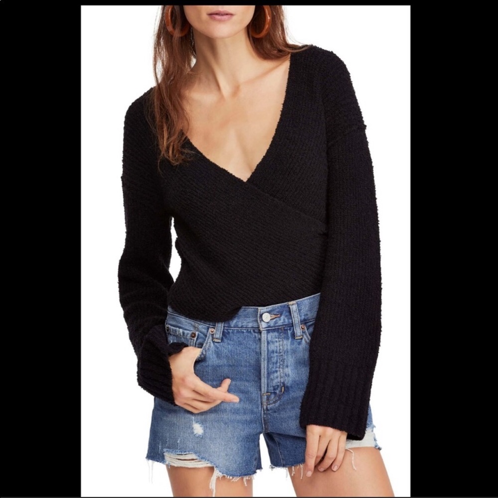 Free People Faux Wrap Black Sweater, Size Small